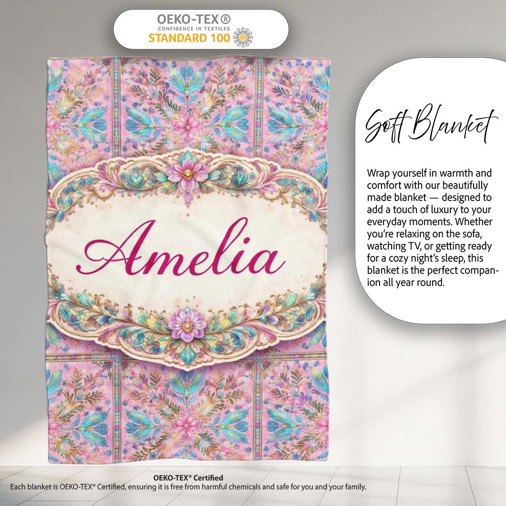 Pastel Pink Teal Folk Art Floral Tile Pattern Decorative Lovely  Personalised Custom Name Super Soft Fleece Blanket Bed Sofa Throw