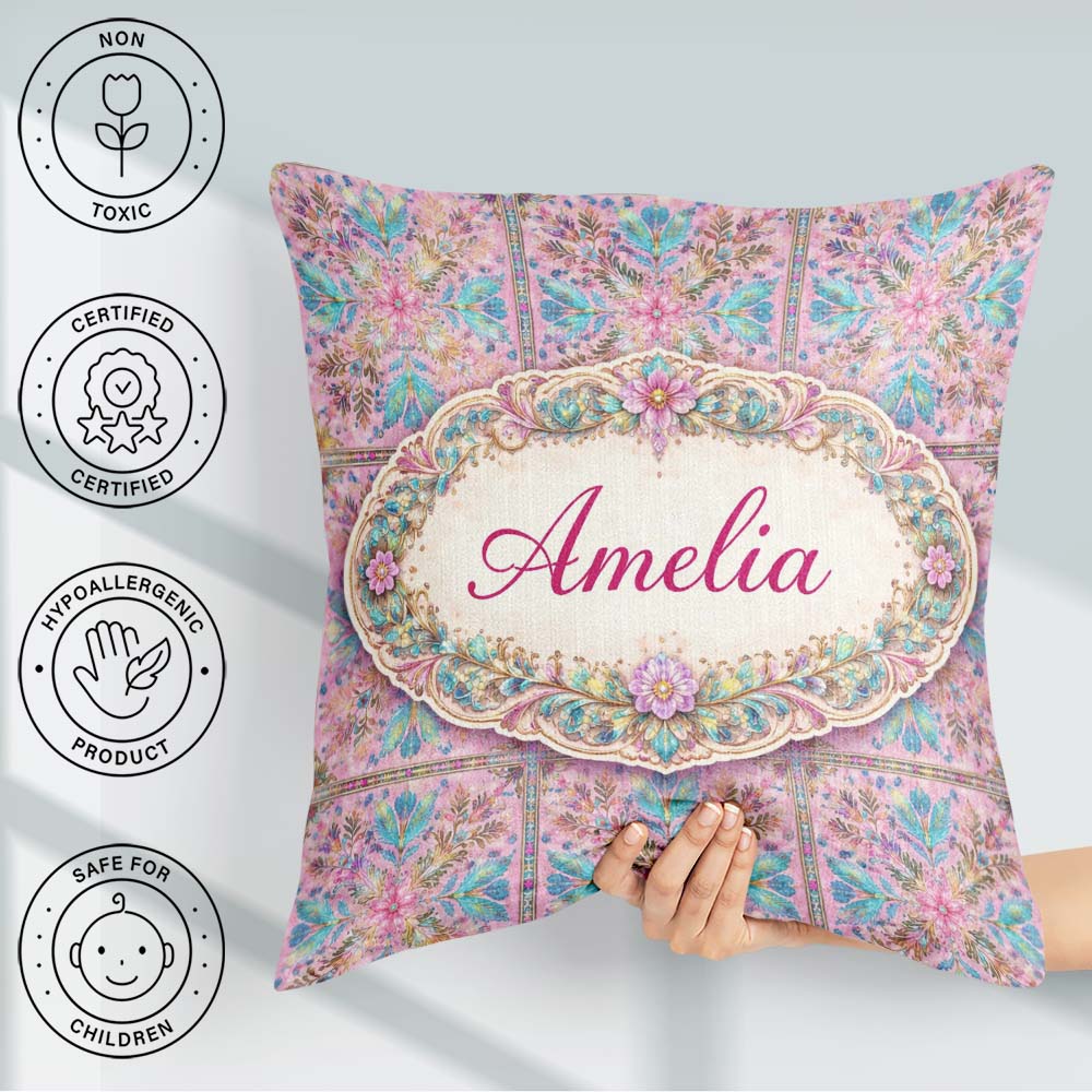 Custom Name Pastel Pink Teal Folk Art Floral Tile Pattern Lovely Square Filled Cushion Throw Pillow Sofa Bed Home Decor Zip Washable UK Made