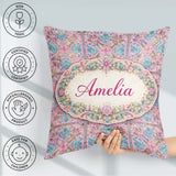 Custom Name Pastel Pink Teal Folk Art Floral Tile Pattern Lovely Square Filled Cushion Throw Pillow Sofa Bed Home Decor Zip Washable UK Made