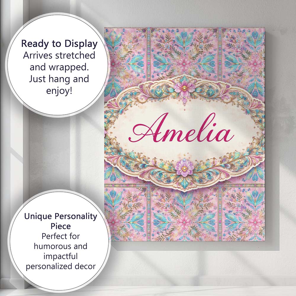 Personalised Name Pastel Pink Teal Folk Floral Tile Pattern Custom  Elegant Feature Canvas Wall Art Print Decor Picture Ready to Hang