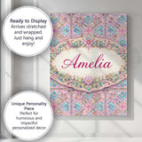 Personalised Name Pastel Pink Teal Folk Floral Tile Pattern Custom  Elegant Feature Canvas Wall Art Print Decor Picture Ready to Hang