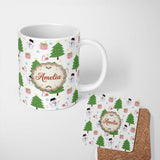 Personalized Custom Name Cute Snowman Christmas Tree Candy Cane Gifts Seamless Pattern Lovely 11oz Ceramic Coffee Tea Mug White Large Handle