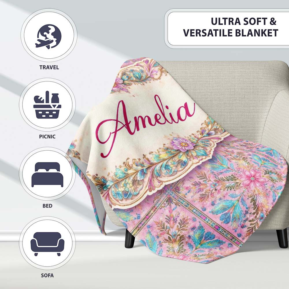 Pastel Pink Teal Folk Art Floral Tile Pattern Decorative Lovely  Personalised Custom Name Super Soft Fleece Blanket Bed Sofa Throw
