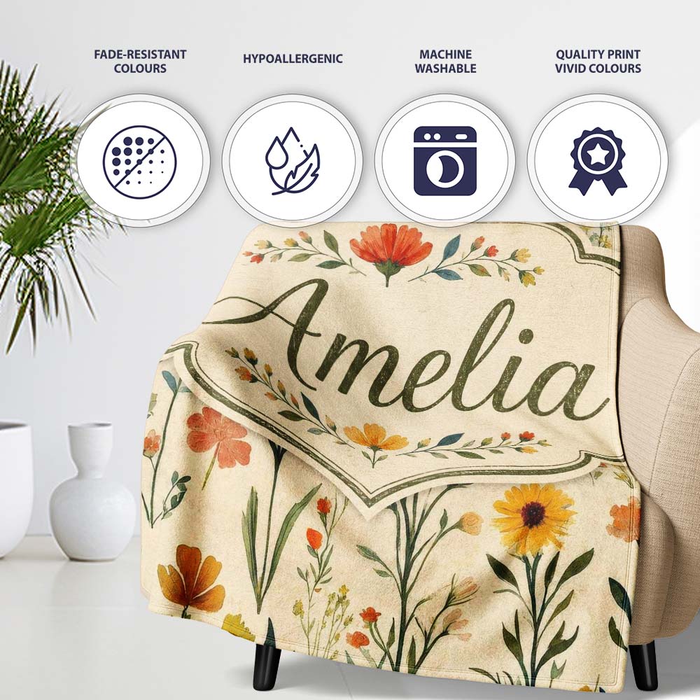 Elegant Vintage Floral Sprigs on Neutral Background Seamless Pattern  Personalised Custom Name Super Soft Fleece Blanket Bed Sofa Throw