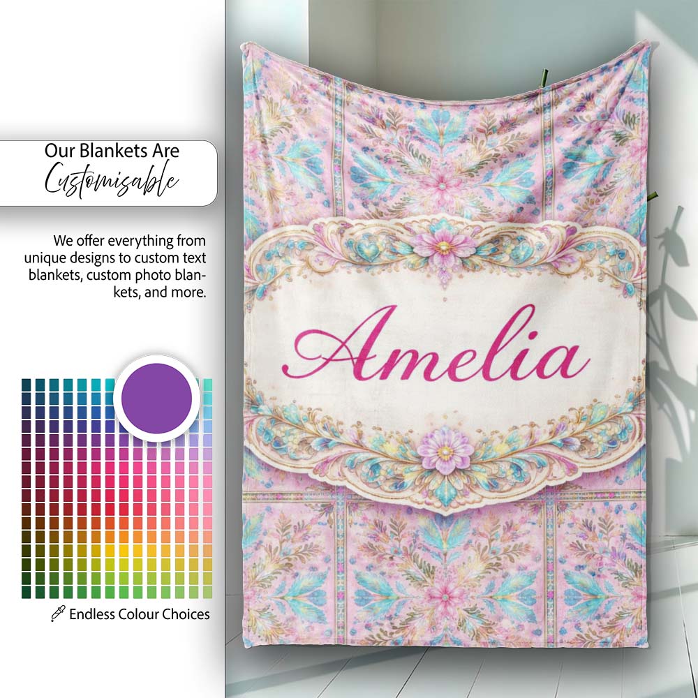 Pastel Pink Teal Folk Art Floral Tile Pattern Decorative Lovely  Personalised Custom Name Super Soft Fleece Blanket Bed Sofa Throw