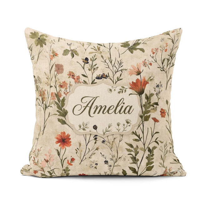 Custom Name Colorful Wildflower Meadow Botanical Seamless Lovely Square Filled Cushion Throw Pillow Sofa Bed Home Decor Zip Washable UK Made