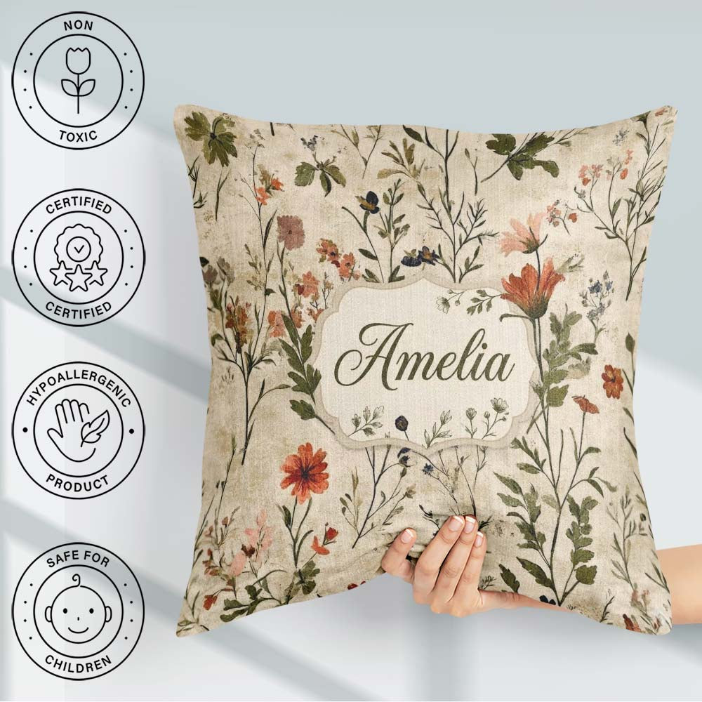 Custom Name Colorful Wildflower Meadow Botanical Seamless Lovely Square Filled Cushion Throw Pillow Sofa Bed Home Decor Zip Washable UK Made