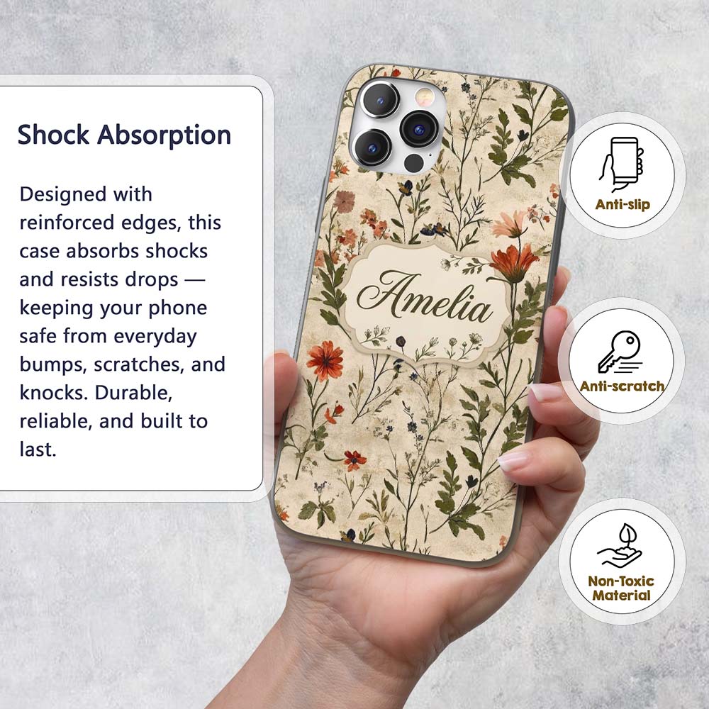Colorful Wildflower Meadow Botanical Seamless Custom Name Protective Phone Case Mobile Cover Durable Everyday Smartphone Shock Resistant