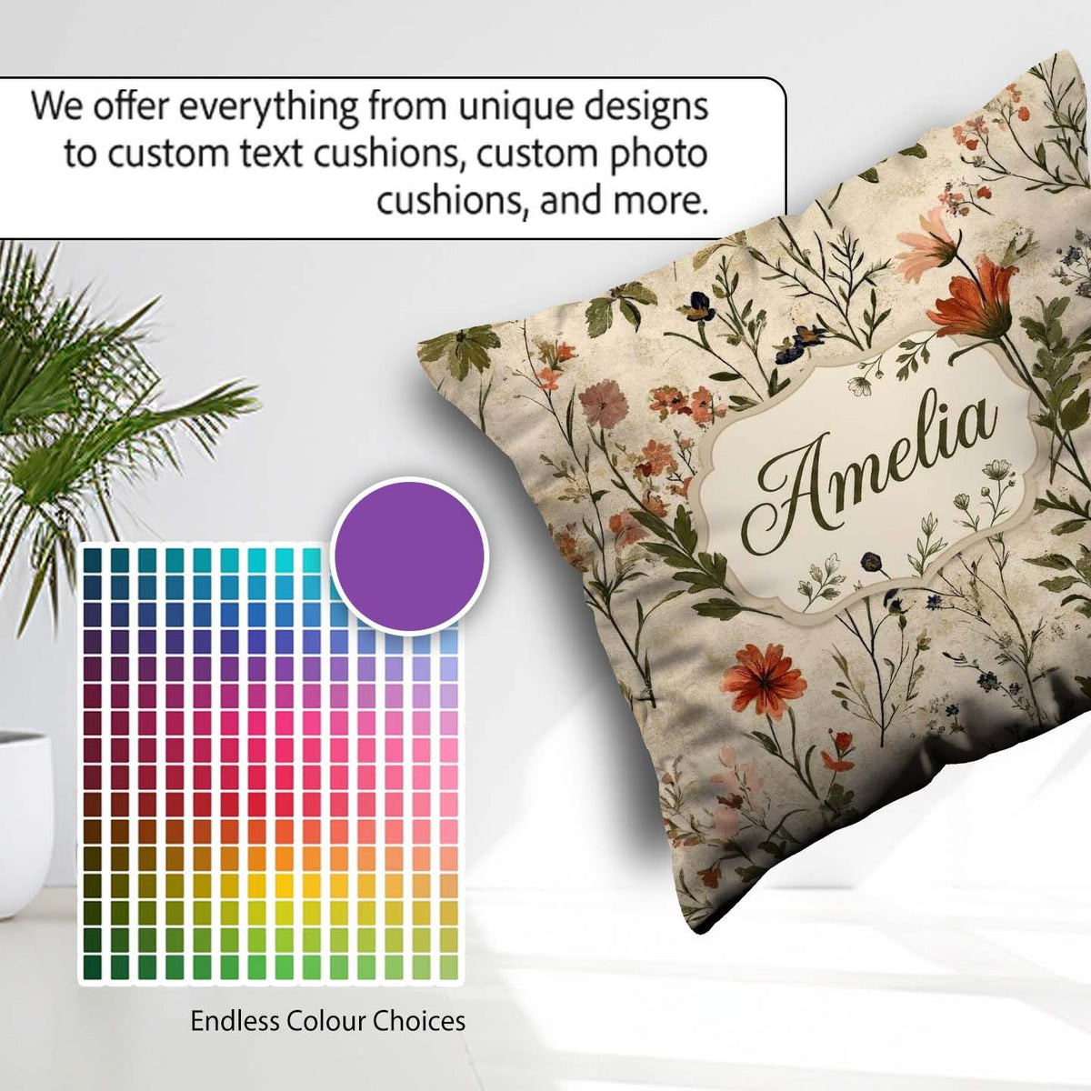 Custom Name Colorful Wildflower Meadow Botanical Seamless Lovely Square Filled Cushion Throw Pillow Sofa Bed Home Decor Zip Washable UK Made