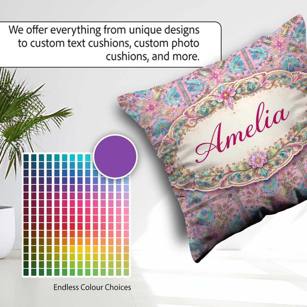 Custom Name Pastel Pink Teal Folk Art Floral Tile Pattern Lovely Square Filled Cushion Throw Pillow Sofa Bed Home Decor Zip Washable UK Made