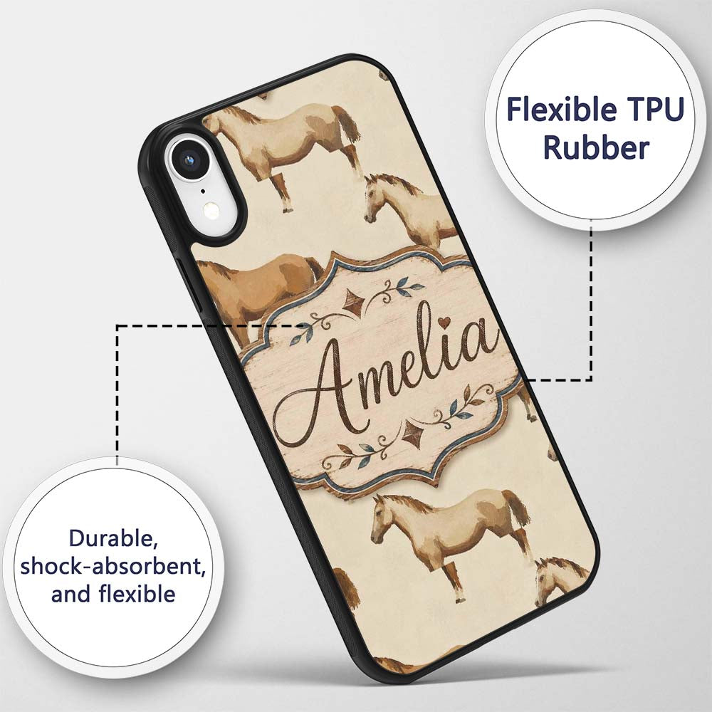 Rustic Brown Horse Farm Animal Seamless Pattern Custom Name Protective Phone Case Mobile Cover Durable Everyday Smartphone Shock Resistant