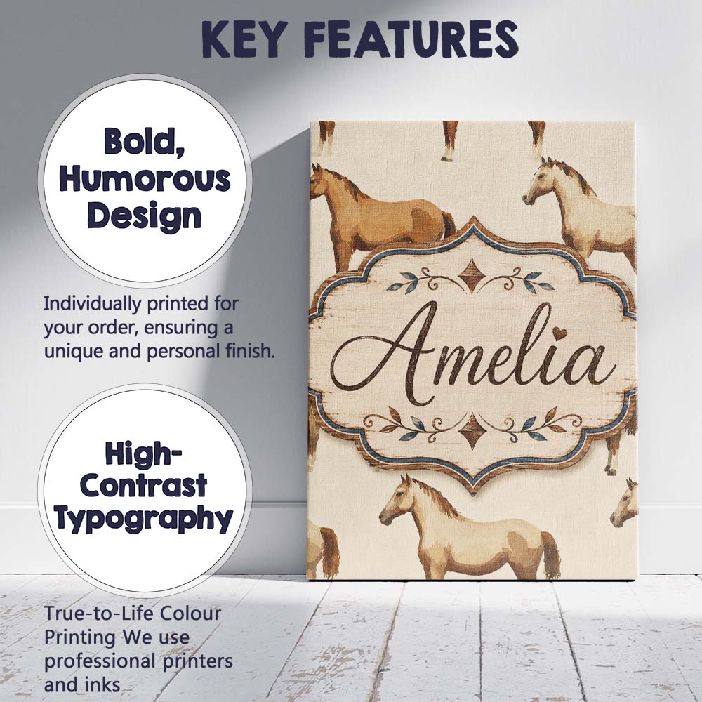 Personalised Name Rustic Brown Horse Farm Custom  Unique Gift Idea Elegant Feature Canvas Wall Art Print Decor Picture Ready to Hang