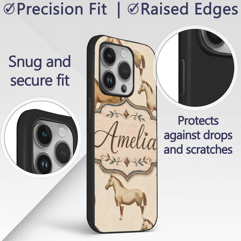 Rustic Brown Horse Farm Animal Seamless Pattern Custom Name Protective Phone Case Mobile Cover Durable Everyday Smartphone Shock Resistant