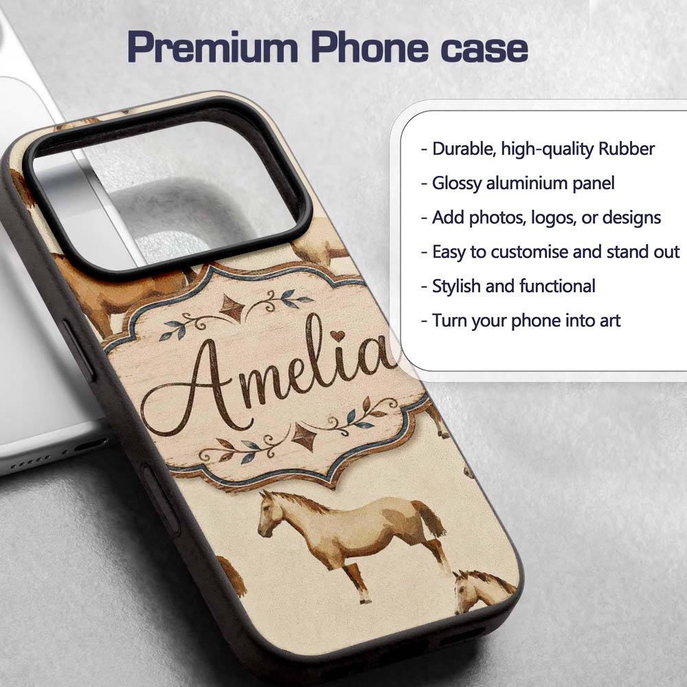 Rustic Brown Horse Farm Animal Seamless Pattern Custom Name Protective Phone Case Mobile Cover Durable Everyday Smartphone Shock Resistant