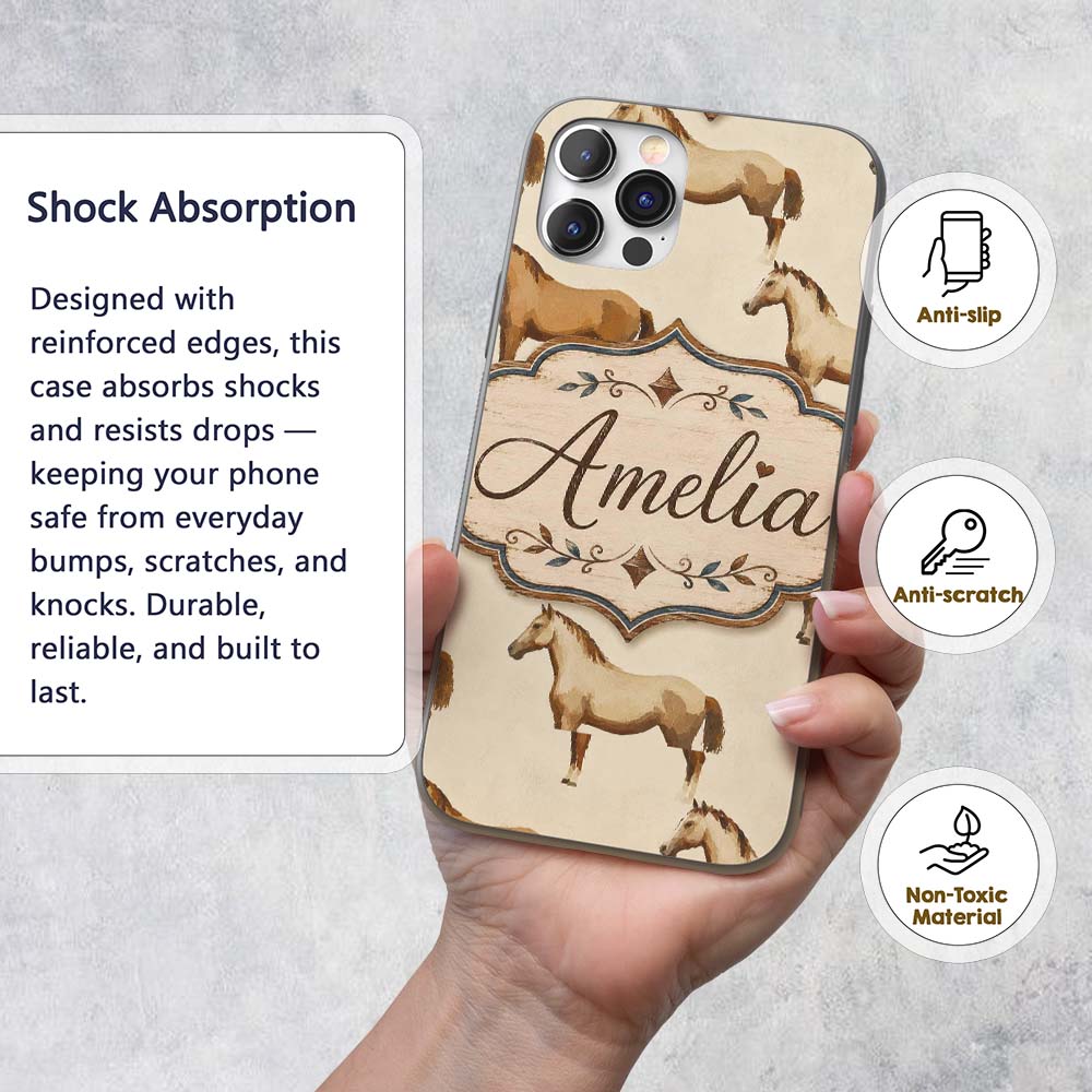 Rustic Brown Horse Farm Animal Seamless Pattern Custom Name Protective Phone Case Mobile Cover Durable Everyday Smartphone Shock Resistant