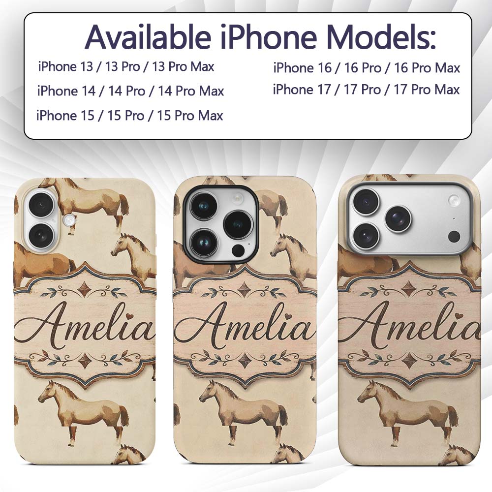 Rustic Brown Horse Farm Animal Seamless Pattern Custom Name Protective Phone Case Mobile Cover Durable Everyday Smartphone Shock Resistant