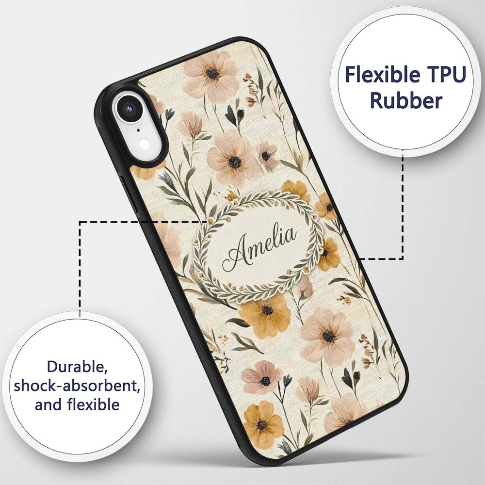 Neutral Linen Style Floral Botanical Seamless Custom Name Protective Phone Case Mobile Cover Durable Everyday Smartphone Shock Resistant