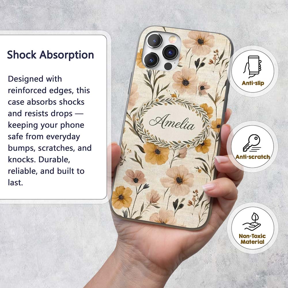 Neutral Linen Style Floral Botanical Seamless Custom Name Protective Phone Case Mobile Cover Durable Everyday Smartphone Shock Resistant