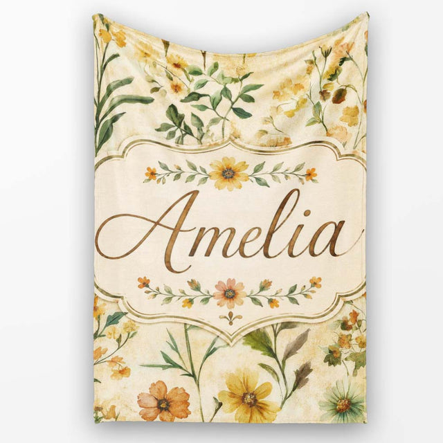 Soft Vintage Wildflower Botanical on Warm Neutral Background Lovely  Personalised Custom Name Super Soft Fleece Blanket Bed Sofa Throw