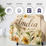 Soft Vintage Wildflower Botanical on Warm Neutral Background Lovely  Personalised Custom Name Super Soft Fleece Blanket Bed Sofa Throw