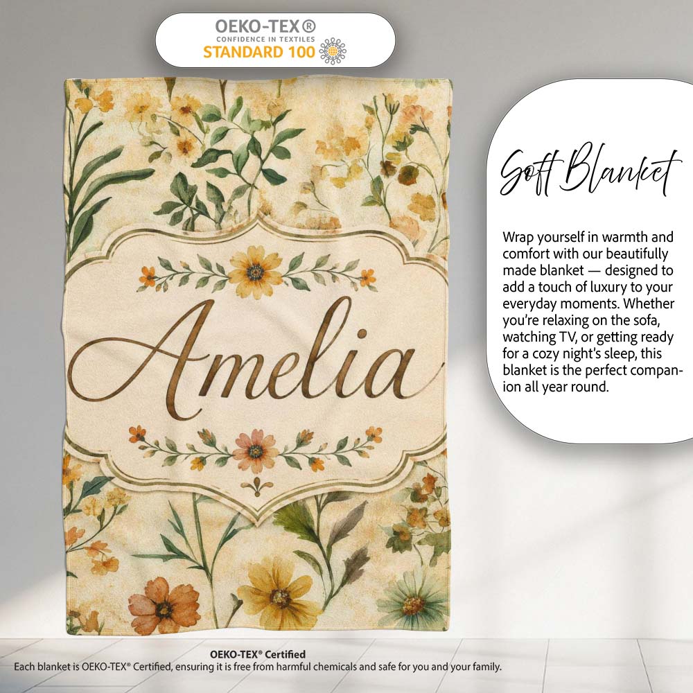 Soft Vintage Wildflower Botanical on Warm Neutral Background Lovely  Personalised Custom Name Super Soft Fleece Blanket Bed Sofa Throw