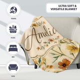 Soft Vintage Wildflower Botanical on Warm Neutral Background Lovely  Personalised Custom Name Super Soft Fleece Blanket Bed Sofa Throw