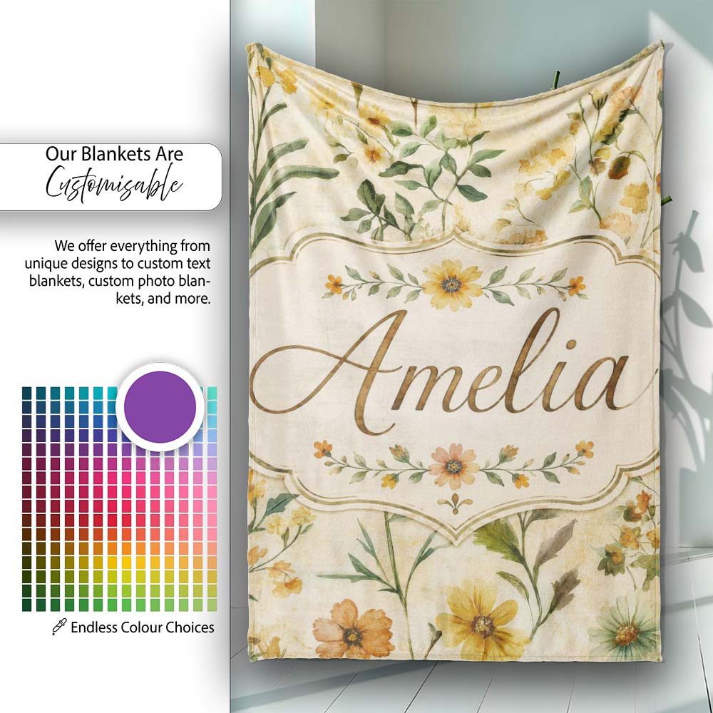 Soft Vintage Wildflower Botanical on Warm Neutral Background Lovely  Personalised Custom Name Super Soft Fleece Blanket Bed Sofa Throw