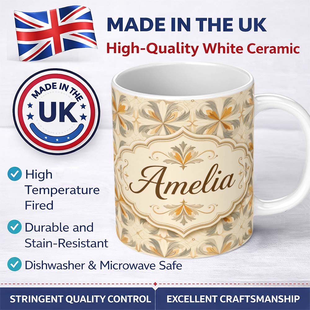 Personalized Custom Name Neutral Beige and Ochre Elegant Floral Tile with Subtle Vintage 11oz Ceramic Coffee Tea Mug White Large Handle