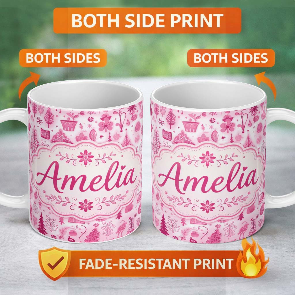 Personalized Custom Name Cute Pink Folk Art Christmas Pattern Seamless Pattern Lovely 11oz Ceramic Coffee Tea Mug White Large Handle