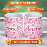 Personalized Custom Name Cute Pink Folk Art Christmas Pattern Seamless Pattern Lovely 11oz Ceramic Coffee Tea Mug White Large Handle
