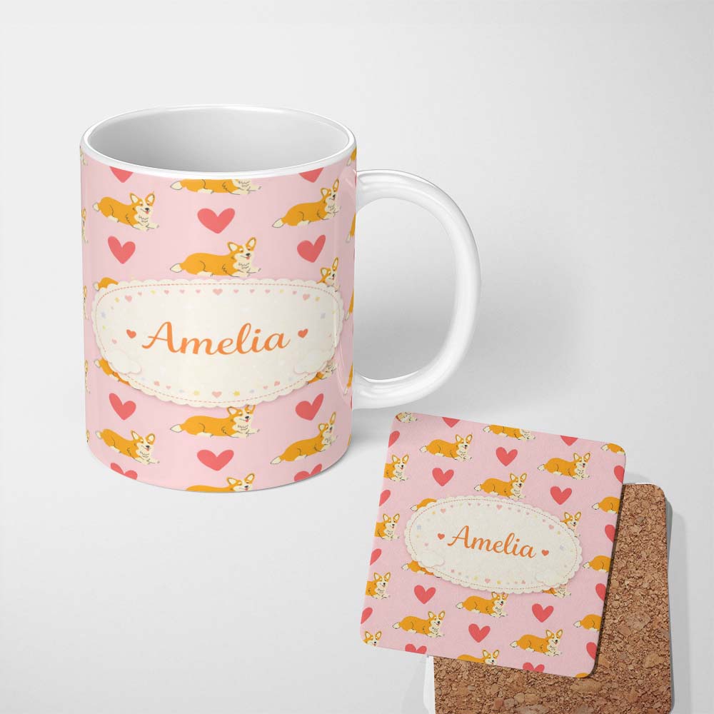 Personalized Custom Name Playful Corgi Dogs Heart Seamless Pattern Perfect Gift for Her 11oz Ceramic Coffee Tea Mug White Large Handle