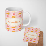 Personalized Custom Name Playful Corgi Dogs Heart Seamless Pattern Perfect Gift for Her 11oz Ceramic Coffee Tea Mug White Large Handle
