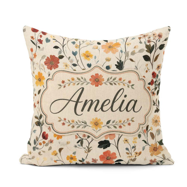 Custom Name Delicate Autumn Floral Botanical with Leaves Pattern Square Filled Cushion Throw Pillow Sofa Bed Home Decor Zip Washable UK Made