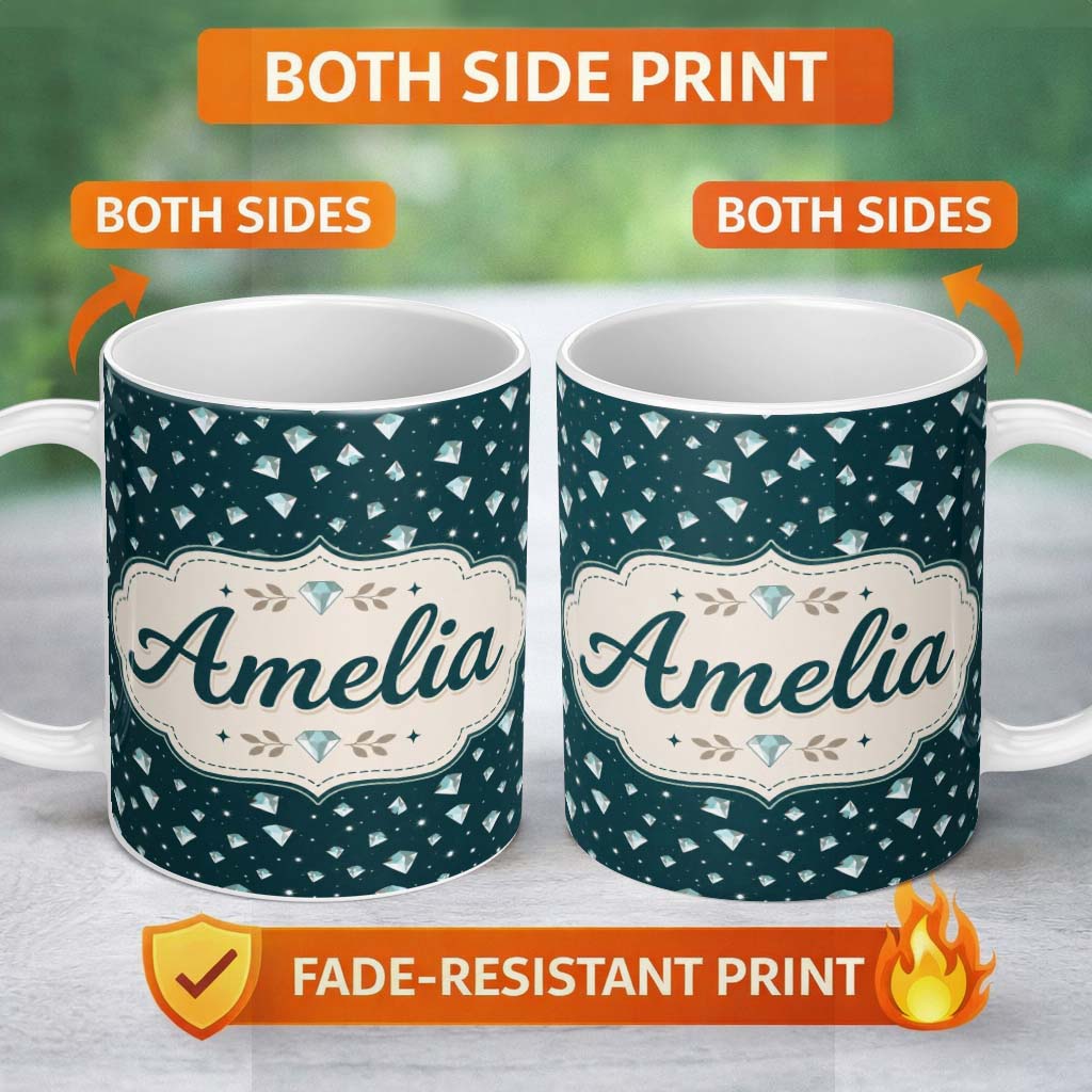 Personalized Custom Name Crystal Diamond Starry Seamless Pattern on Dark Teal Lovely 11oz Ceramic Coffee Tea Mug White Large Handle