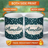 Personalized Custom Name Crystal Diamond Starry Seamless Pattern on Dark Teal Lovely 11oz Ceramic Coffee Tea Mug White Large Handle