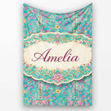 Turquoise Pink Vintage Floral Tile Pattern Ornamental Design Lovely  Personalised Custom Name Super Soft Fleece Blanket Bed Sofa Throw