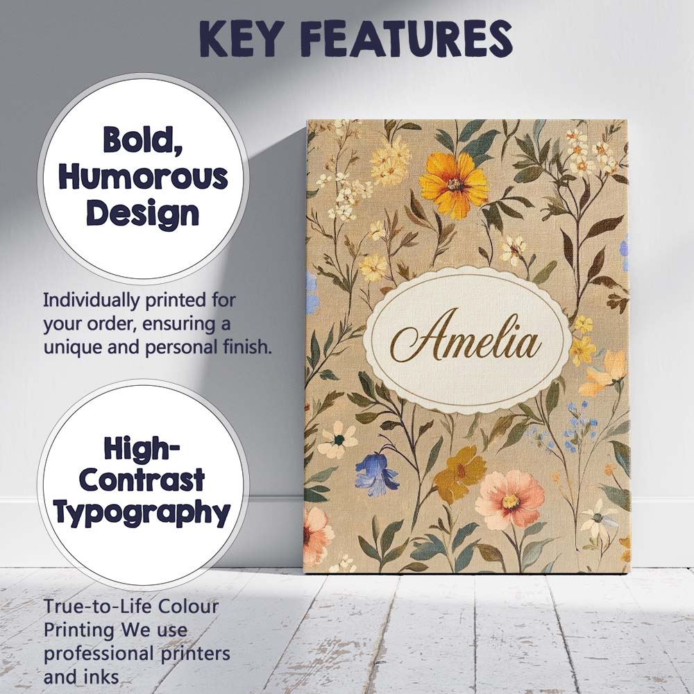 Personalised Name Elegant Garden Wildflowers Custom Bespoke  Contemporary Display Canvas Wall Art Print Decor Picture Ready to Hang