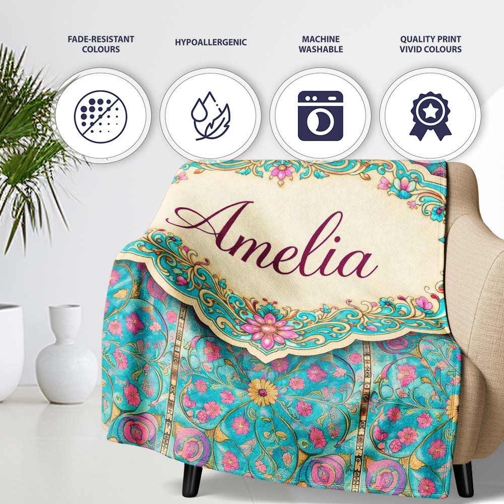 Turquoise Pink Vintage Floral Tile Pattern Ornamental Design Lovely  Personalised Custom Name Super Soft Fleece Blanket Bed Sofa Throw