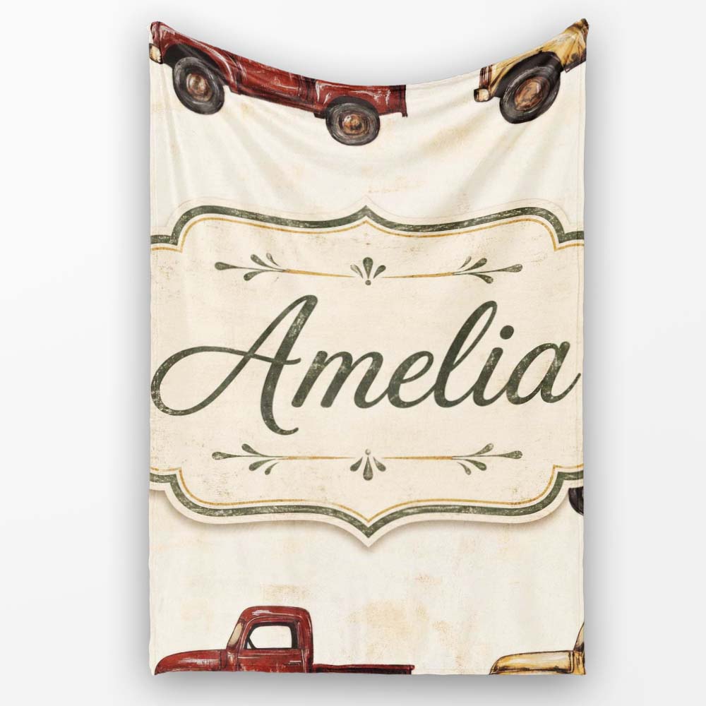 Vintage Classic Pickup Truck Transport Seamless Pattern Lovely  Personalised Custom Name Super Soft Fleece Blanket Bed Sofa Throw