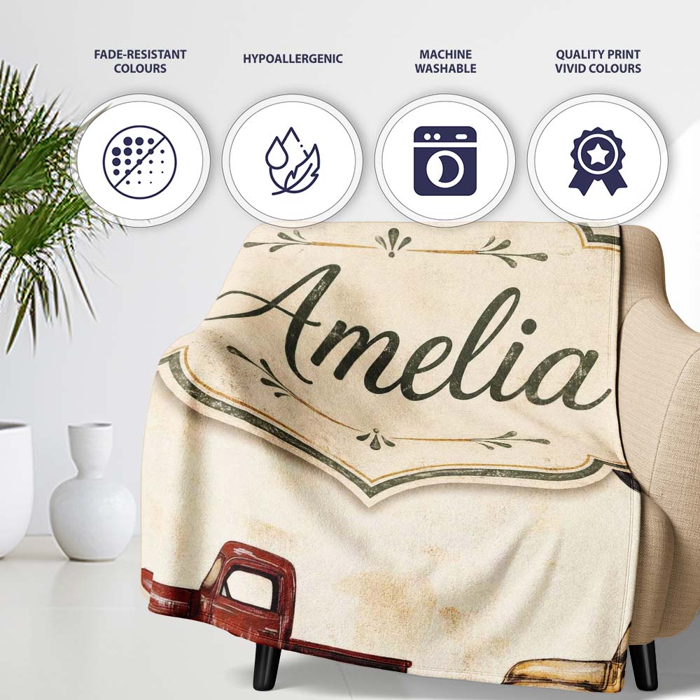 Vintage Classic Pickup Truck Transport Seamless Pattern Lovely  Personalised Custom Name Super Soft Fleece Blanket Bed Sofa Throw