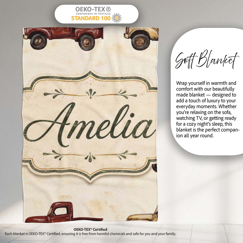 Vintage Classic Pickup Truck Transport Seamless Pattern Lovely  Personalised Custom Name Super Soft Fleece Blanket Bed Sofa Throw