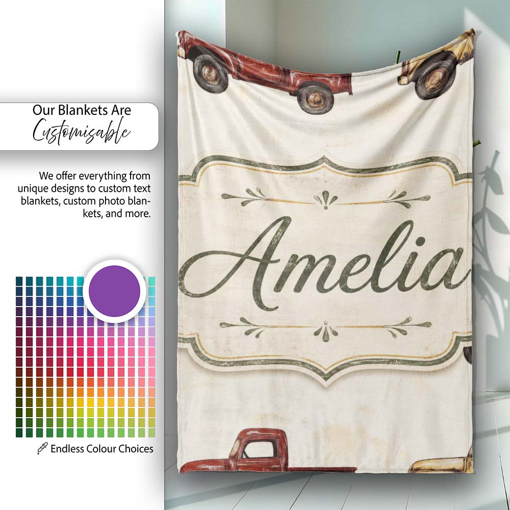 Vintage Classic Pickup Truck Transport Seamless Pattern Lovely  Personalised Custom Name Super Soft Fleece Blanket Bed Sofa Throw