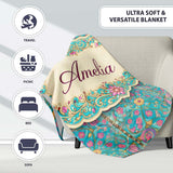 Turquoise Pink Vintage Floral Tile Pattern Ornamental Design Lovely  Personalised Custom Name Super Soft Fleece Blanket Bed Sofa Throw