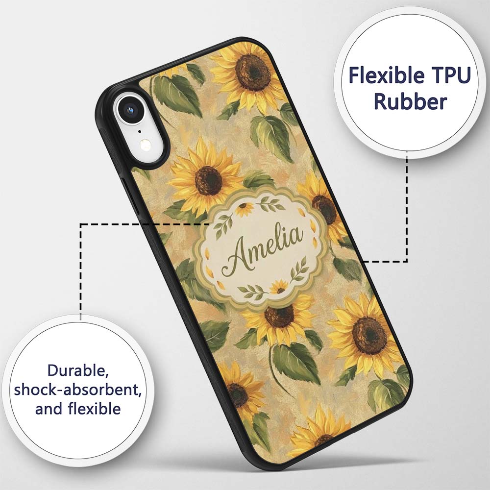 Golden Sunflower Floral Rustic Garden Seamless Custom Name Protective Phone Case Mobile Cover Durable Everyday Smartphone Shock Resistant