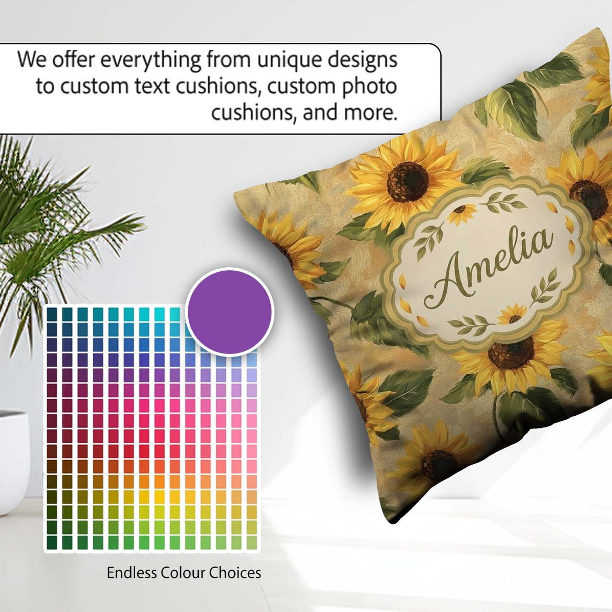 Custom Name Golden Sunflower Floral Rustic Garden Pattern Lovely Square Filled Cushion Throw Pillow Sofa Bed Home Decor Zip Washable UK Made