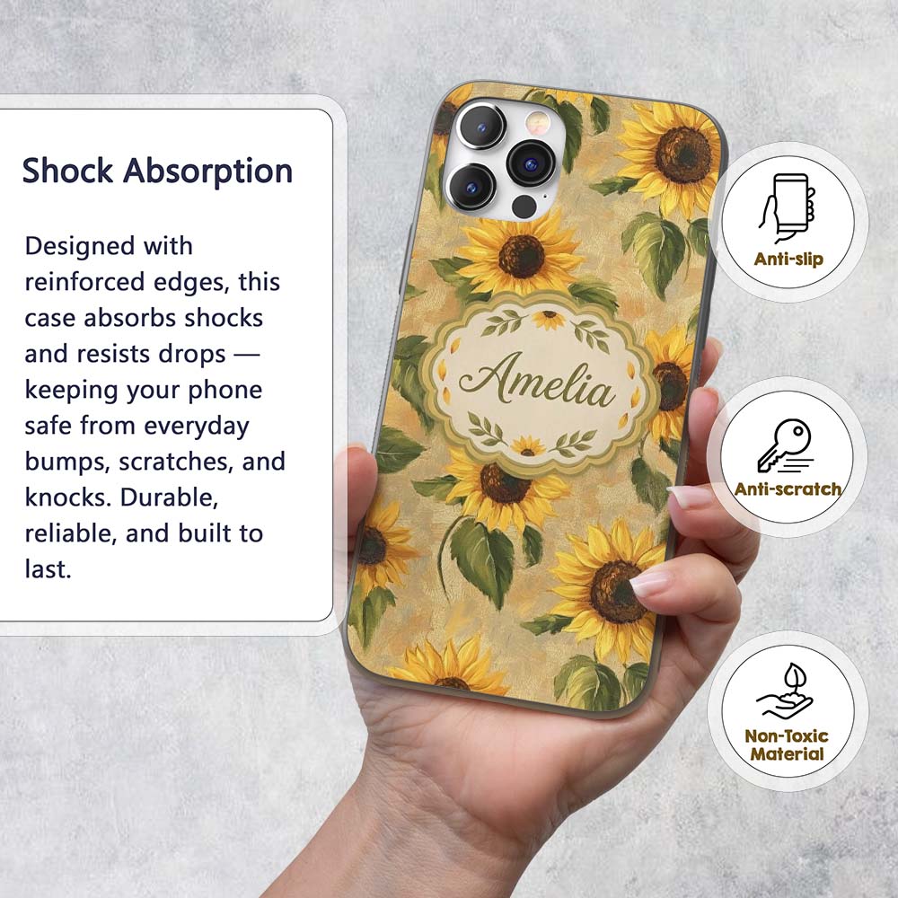 Golden Sunflower Floral Rustic Garden Seamless Custom Name Protective Phone Case Mobile Cover Durable Everyday Smartphone Shock Resistant