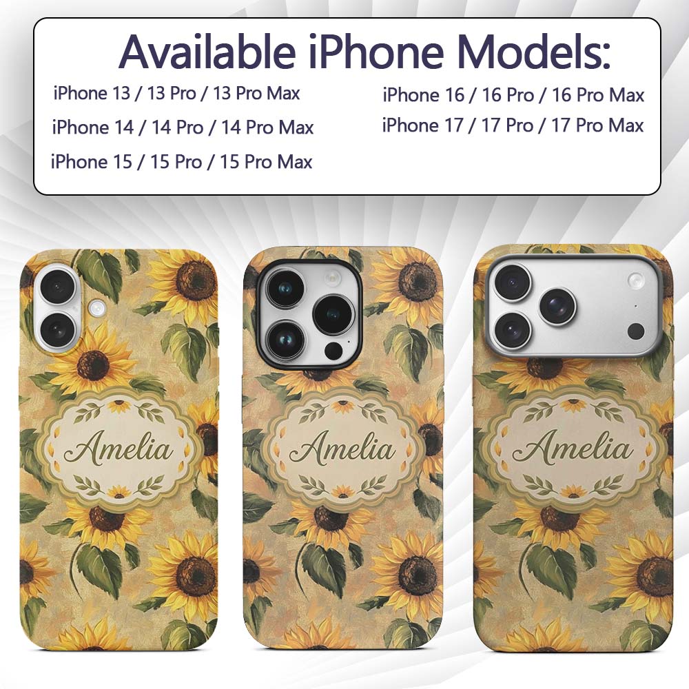 Golden Sunflower Floral Rustic Garden Seamless Custom Name Protective Phone Case Mobile Cover Durable Everyday Smartphone Shock Resistant