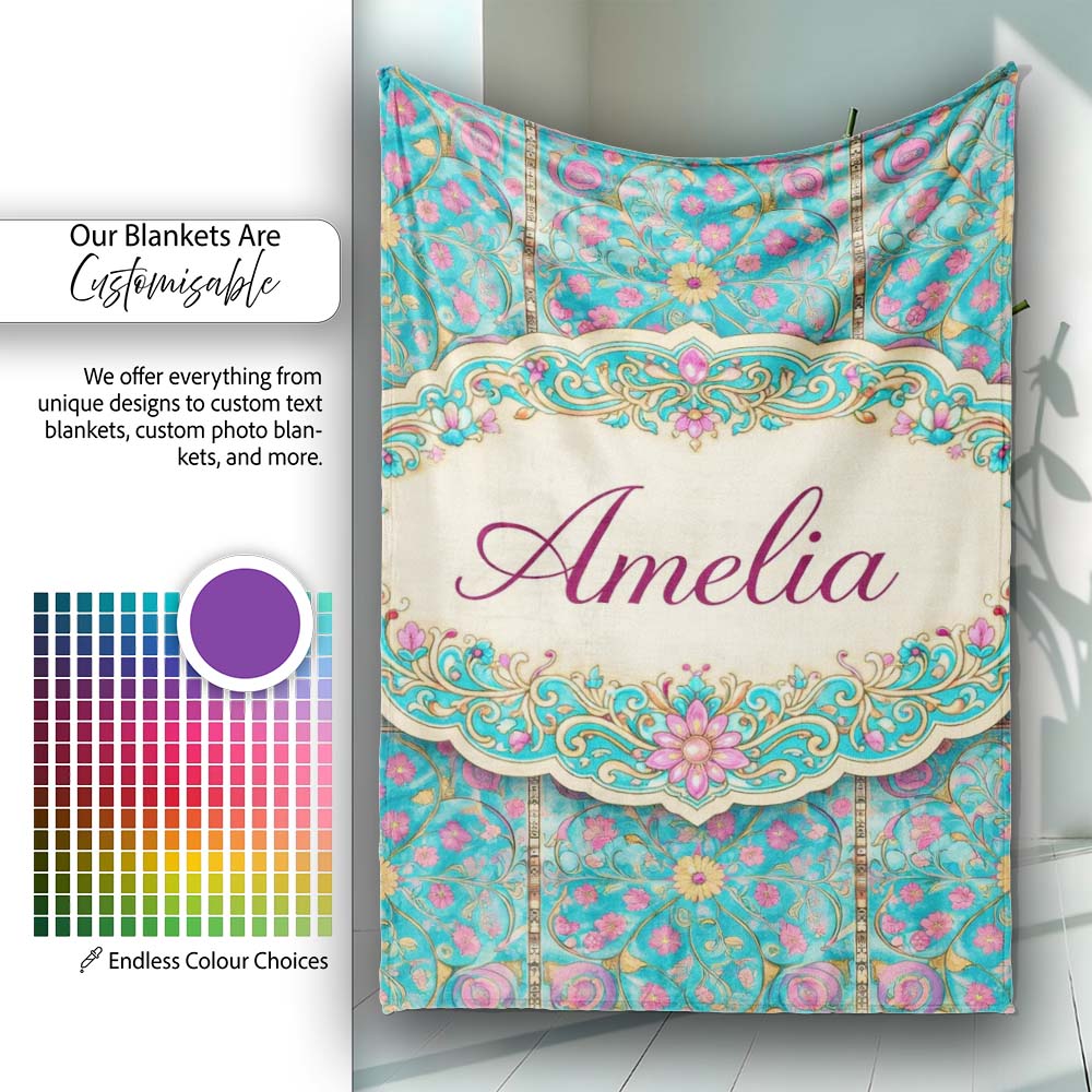 Turquoise Pink Vintage Floral Tile Pattern Ornamental Design Lovely  Personalised Custom Name Super Soft Fleece Blanket Bed Sofa Throw