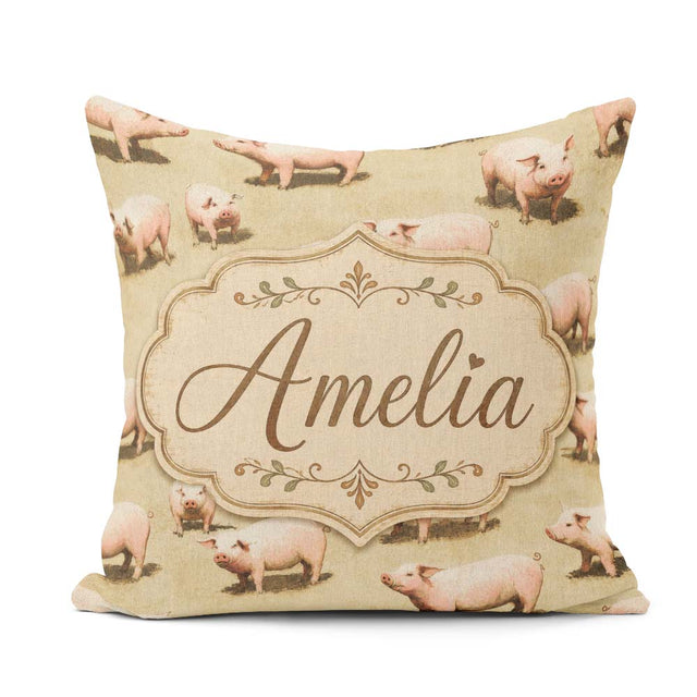 Custom Name Cute Farm Pig Animal Illustration Seamless Pattern Square Filled Cushion Throw Pillow Sofa Bed Home Decor Zip Washable UK Made