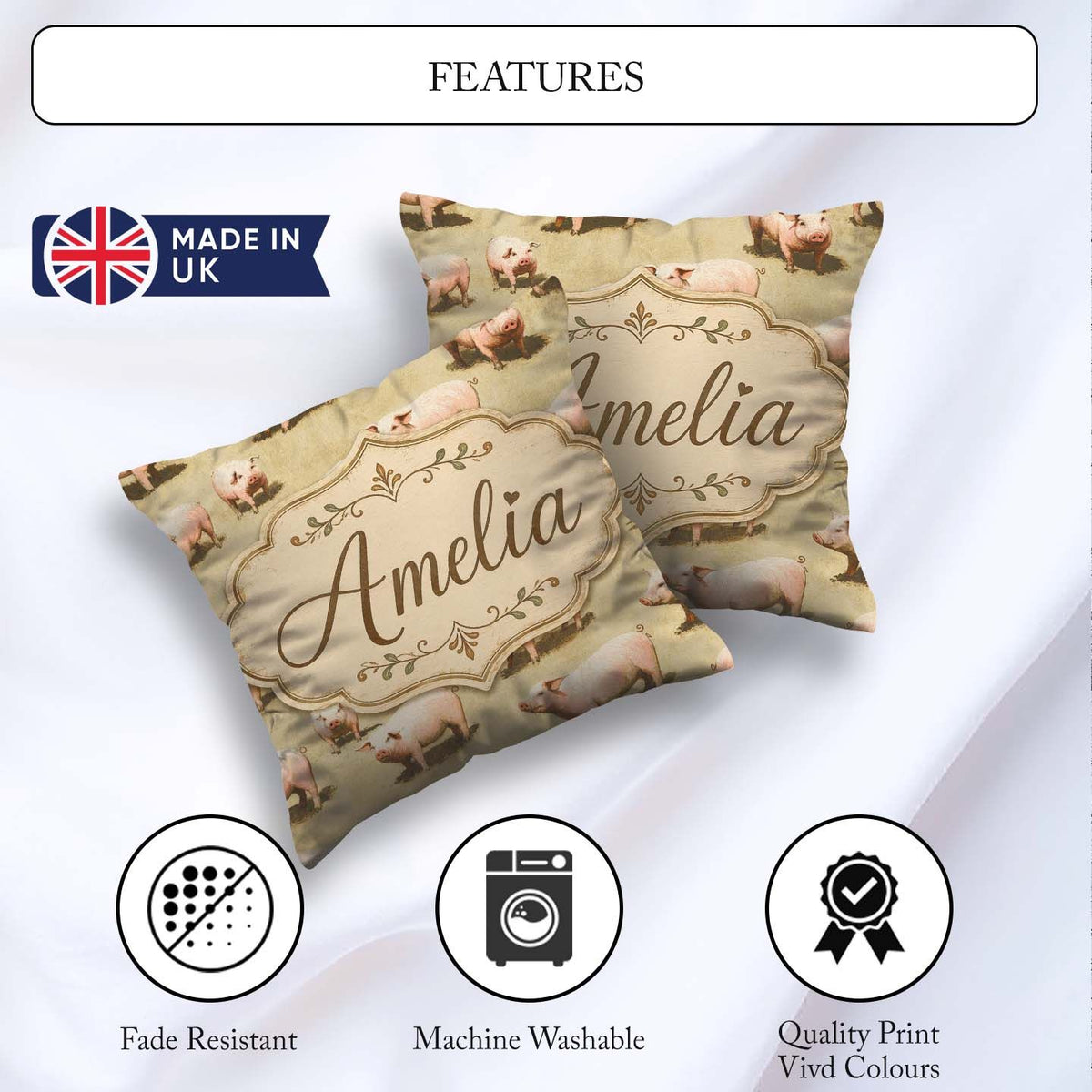 Custom Name Cute Farm Pig Animal Illustration Seamless Pattern Square Filled Cushion Throw Pillow Sofa Bed Home Decor Zip Washable UK Made